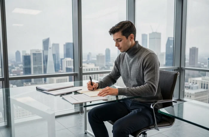 Jeune professionnel inspirant travaillant dans un bureau moderne en hauteur, illustrant l'ascension professionnelle d'Aaron Nouchy en 2026