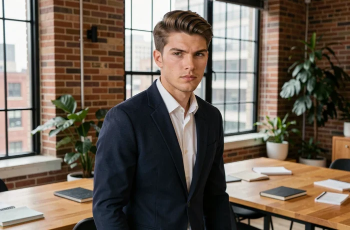Aaron Nouchy, jeune entrepreneur ambitieux en 2026, photographié dans un espace de coworking moderne avec une expression déterminée et confiante