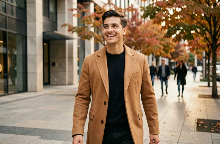 Aaron Nouchy marchant avec assurance dans un espace urbain moderne en automne, symbole de son parcours inspirant et de son ascension en 2026