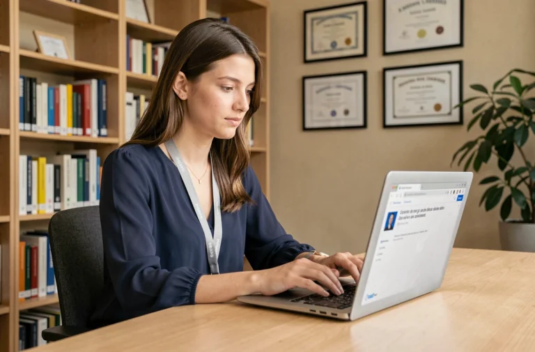 Enseignante de l'académie de Dijon accédant à son webmail académique sur un ordinateur portable dans un bureau universitaire