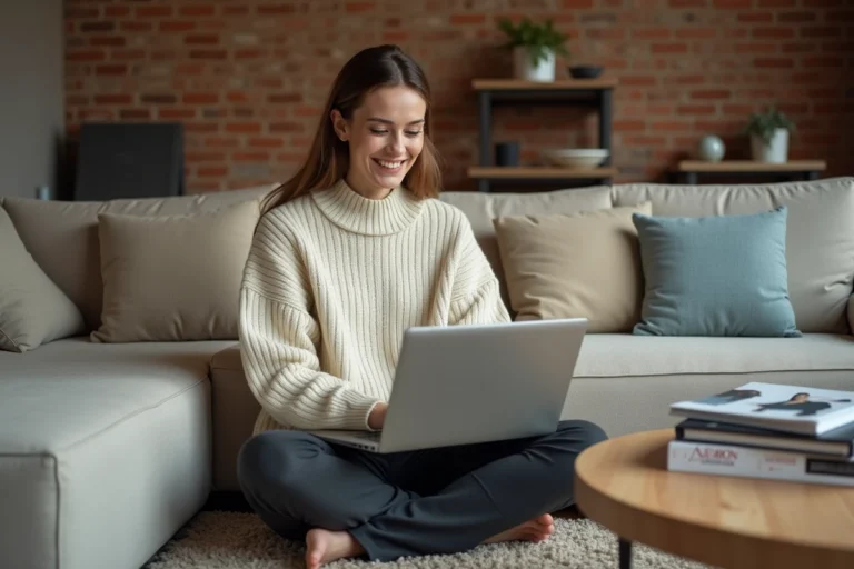 Femme consultant un site de mode en ligne sur son ordinateur portable dans un appartement cosy aux murs en briques