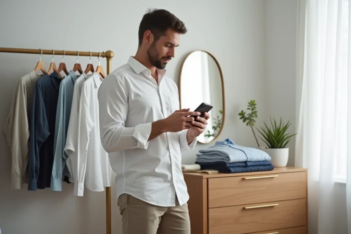 Homme comparant des vêtements dans une chambre minimaliste tout en consultant son smartphone pour des achats en ligne