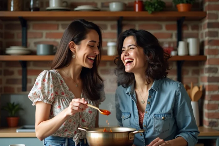 Deux amies goûtant une sauce maison ensemble dans une cuisine d'appartement chaleureuse avec étagères épicées