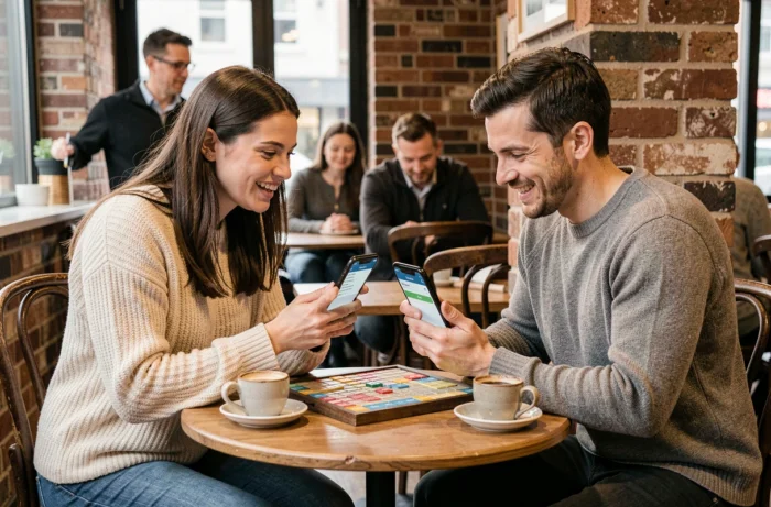 Deux amis au café vérifiant un mot valide au Scrabble sur une application de validation de mots depuis leur smartphone