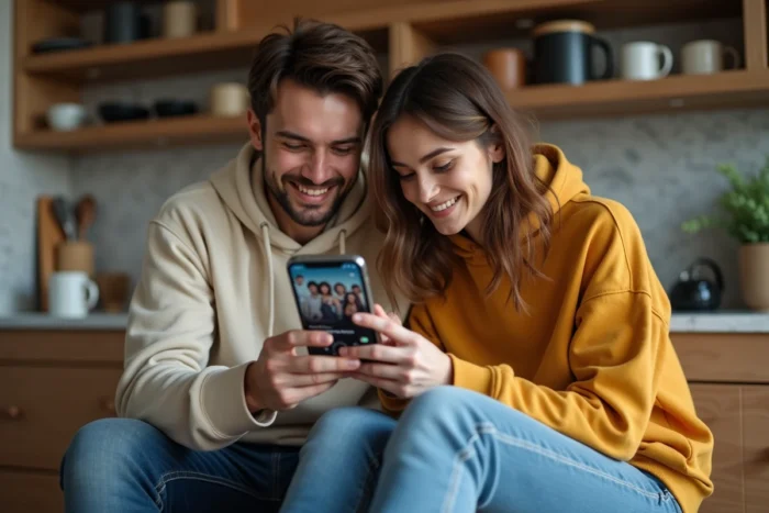 Deux amis regardant ensemble une plateforme de streaming sur iPhone dans une cuisine moderne
