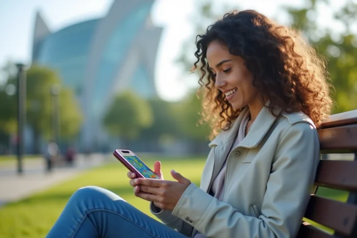 Jeune femme consultant l'application mobile du Futuroscope sur son smartphone avant de visiter le parc