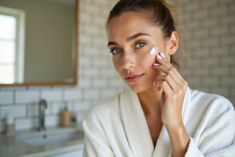 Femme appliquant un primer visage du bout des doigts dans une salle de bain moderne aux tons neutres