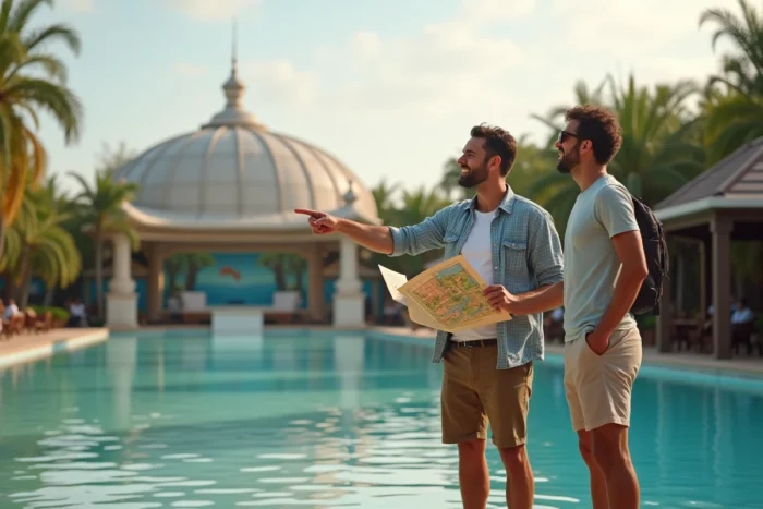 Deux visiteurs repérant l'Aquascope sur la carte du Futuroscope lors d'un séjour de deux jours