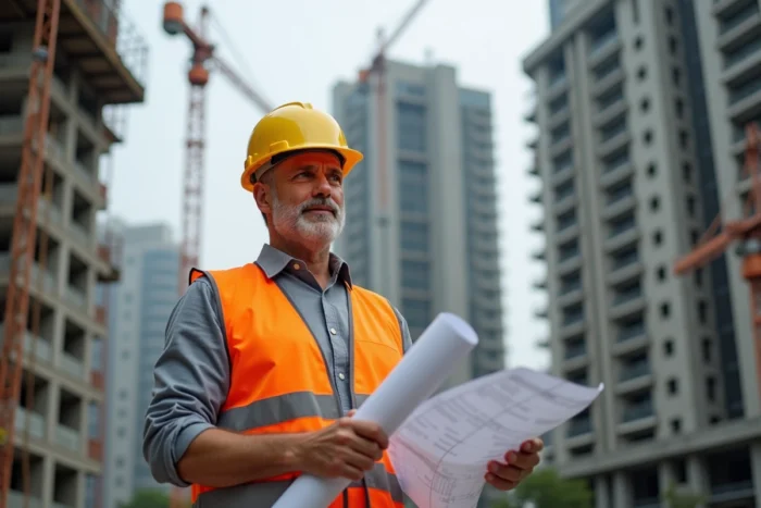Architecte sur un chantier de transformation urbaine tenant des plans de construction