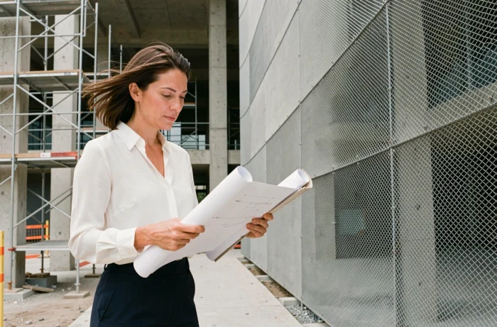 Architecte féminine en situation professionnelle devant une façade en résille métallique en cours de pose sur un bâtiment culturel, tenant des plans techniques dans un environnement de chantier