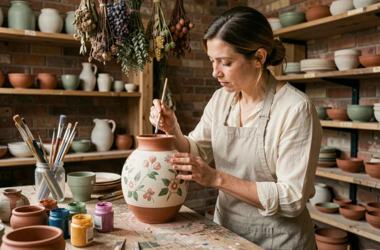 Artisane peignant des motifs floraux sur un vase en céramique dans un atelier artisanal rustique avec étagères en bois et briques apparentes