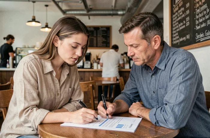 Deux associés examinant ensemble une proposition commerciale dans un café de quartier