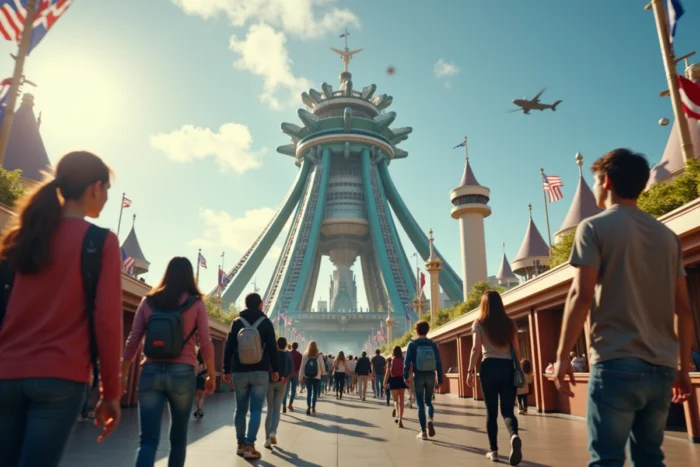 Groupe de visiteurs se dirigeant rapidement vers une attraction principale dès l'ouverture du Futuroscope