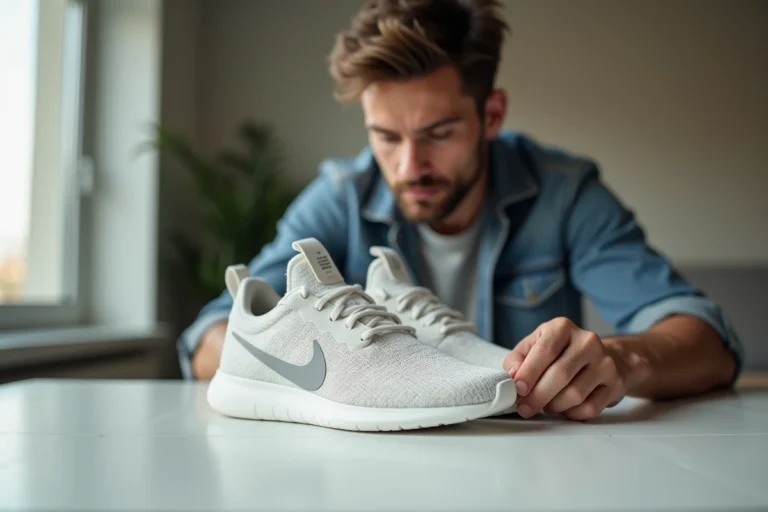 Homme authentifiant une paire de Nike en inspectant l'étiquette avec numéro de série à l'intérieur de la chaussure