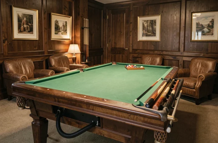 Billard chauffant dans une salle de jeu élégante avec boiseries sombres et fauteuils en cuir