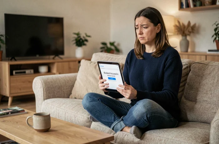 Femme perplexe tenant une tablette affichant un blocage d'accès à un site de streaming