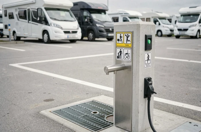 Borne de service pour camping-cars avec branchement électrique et point d'eau à l'aire de Sainte-Marie-de-la-Mer