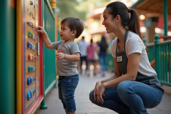 Agent du parc expliquant le système de bracelets de taille à un enfant et ses parents au Futuroscope