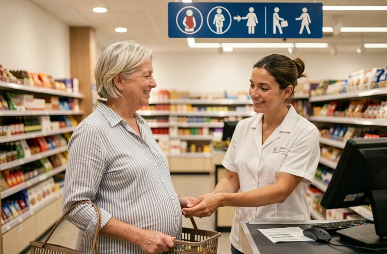 Femme enceinte utilisant une caisse prioritaire en supermarché avec l'aide d'une caissière bienveillante