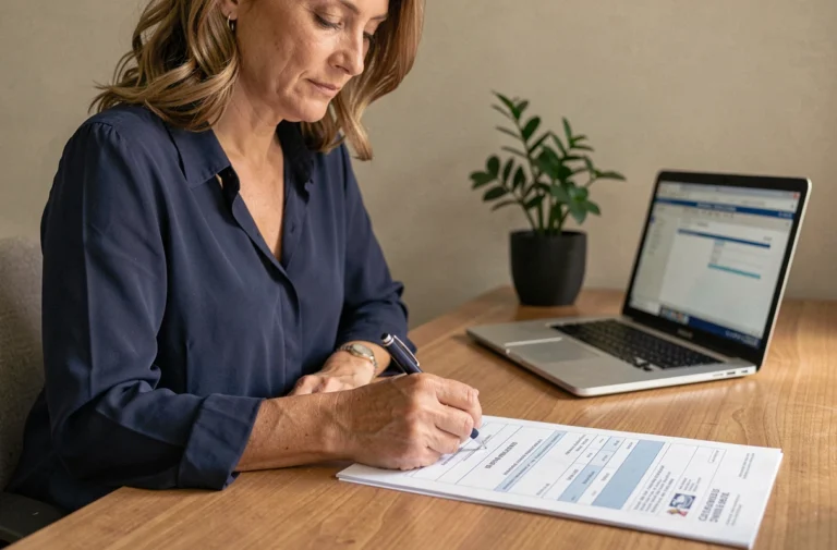 Femme remplissant un formulaire de changement de carte grise à son bureau à domicile