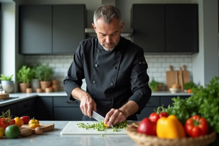 Chef masculin découpant des légumes de saison sur un plan de travail en marbre dans une cuisine moderne