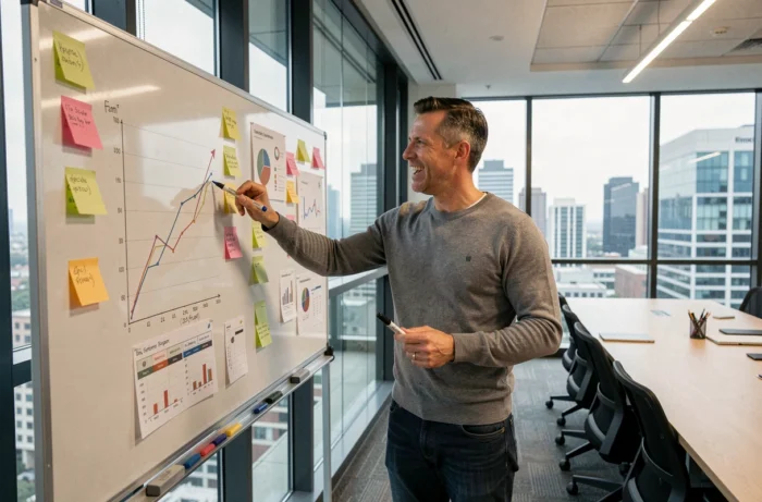 Chef de projet présentant des projections financières sur un tableau blanc dans un bureau de startup