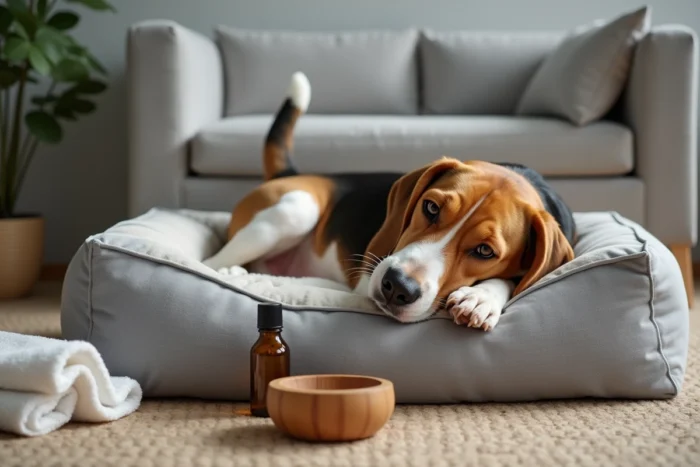 Beagle se grattant l'oreille allongé sur son coussin, illustration des démangeaisons cutanées chez le chien
