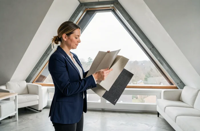 Designer d'intérieur comparant des échantillons de volets roulants devant une fenêtre triangulaire