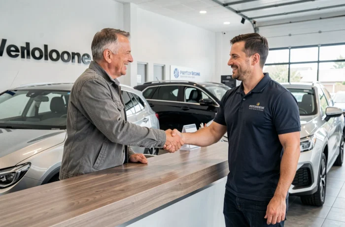 Client et conseiller de garage automobile se serrant la main à l'accueil d'un centre auto moderne, illustrant la relation de confiance lors de l'achat ou de l'entretien d'un véhicule