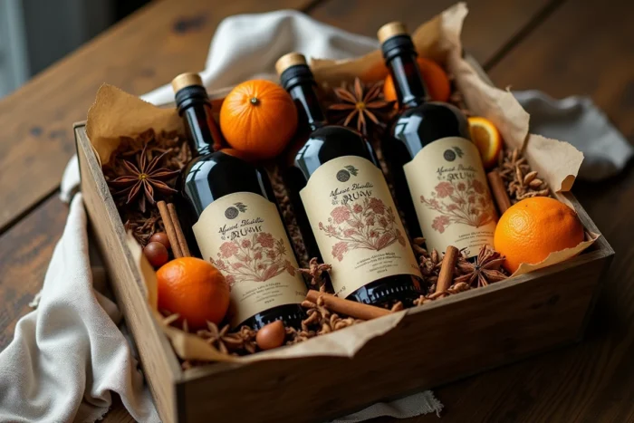 Coffret cadeau rhum arrangé avec épices exotiques et bouteilles artisanales sur table en bois