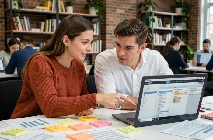 Deux collègues collaborant sur un outil de gestion de projet dans un espace de coworking pour s'organiser efficacement