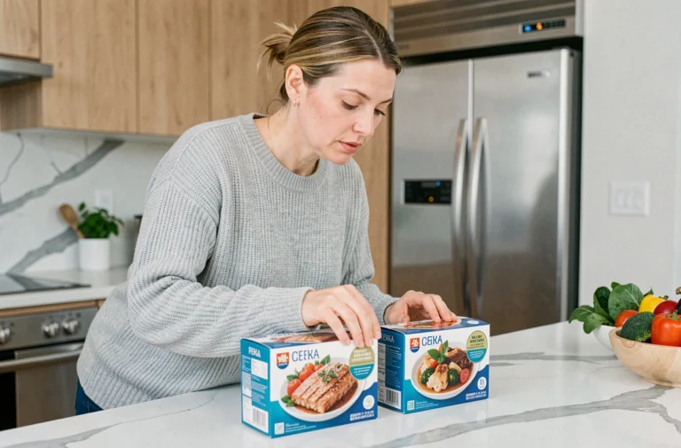 Femme comparant deux boîtes de surgelés Thiriet et Picard dans une cuisine moderne
