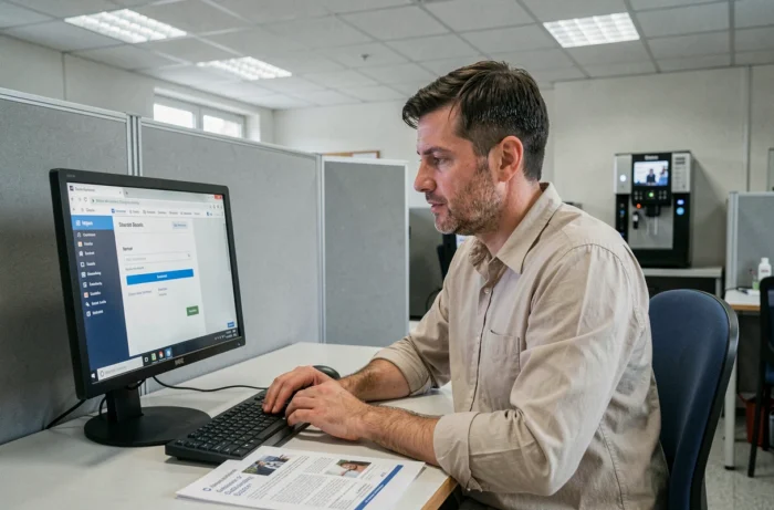 Personnel de l'éducation nationale consultant le guide de connexion au webmail de l'académie de Dijon dans une salle des professeurs