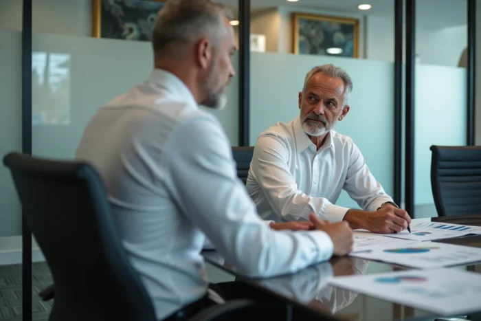 Conseiller financier BNP Paribas présentant les options d'investissement Alis à un client en agence