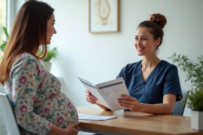 Sage-femme conseillant une femme enceinte sur l'utilisation de la propolis lors d'une consultation médicale