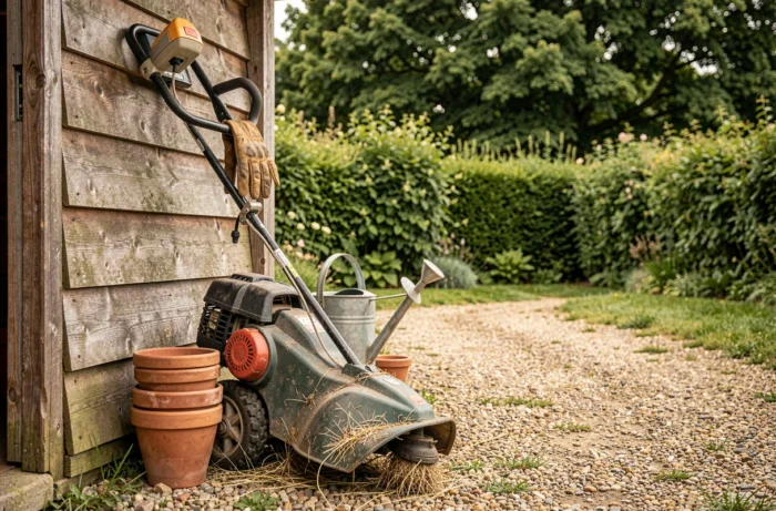 Coupe-bordure thermique appuyé contre un abri de jardin en bois avec accessoires et outils de jardinage autour
