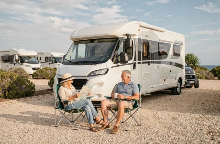 Couple de campeurs en camping-car garé sur l'aire de Sainte-Marie-de-la-Mer profitant d'une pause café à l'extérieur