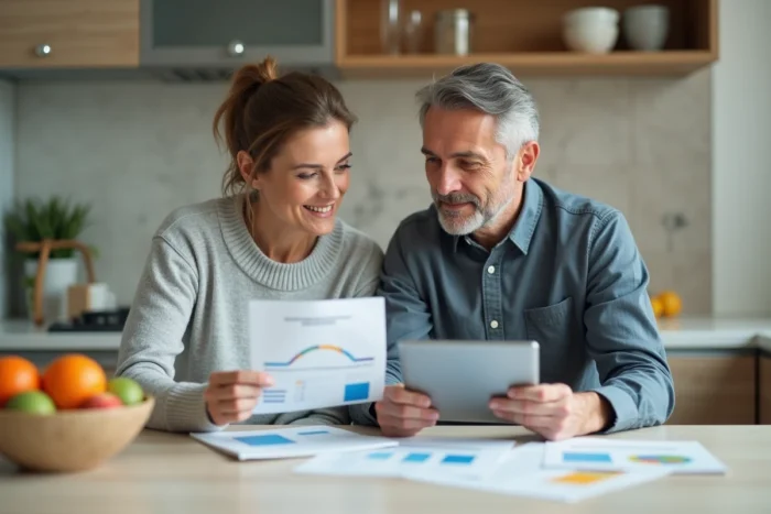 Couple comparant des offres de crédit en ligne avec documents et tablette dans une cuisine moderne