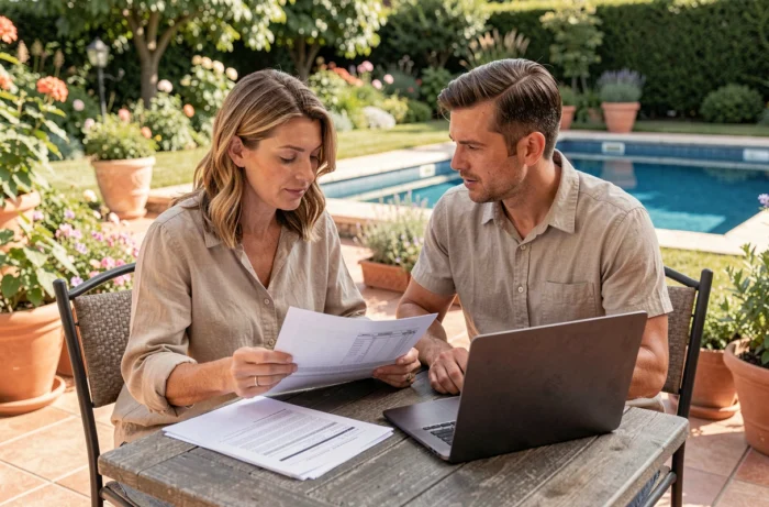 Couple consultant un devis de piscine enterrée sur une terrasse avec une piscine en arrière-plan