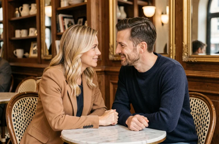 Couple discret partageant un moment complice dans un café parisien cosy