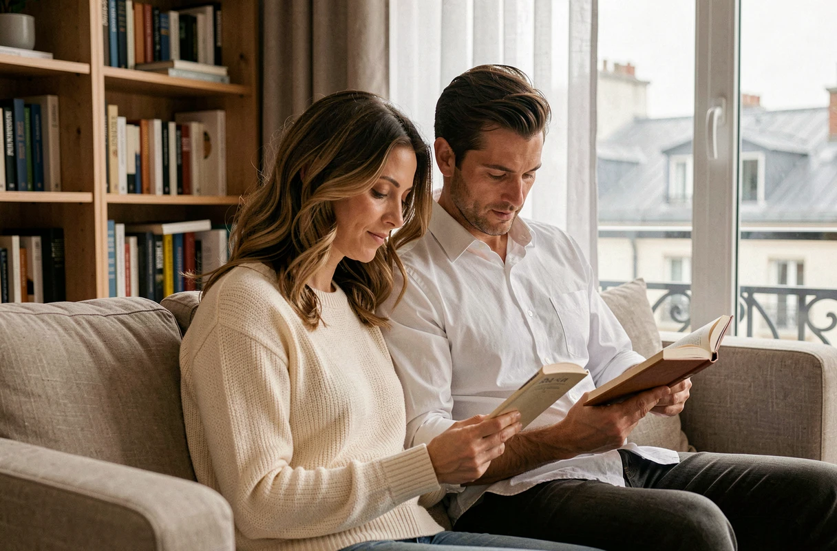 Couple complice dans un appartement parisien moderne partageant un moment de vie quotidienne