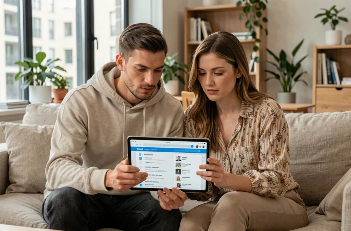 Couple consultant un guide de prévention contre les arnaques en ligne sur une tablette dans leur salon
