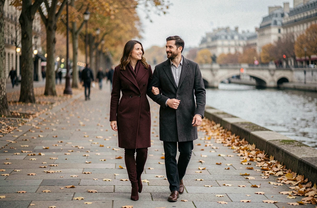 Couple élégant se promenant discrètement au bord de la Seine en automne