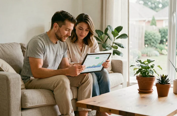 Couple consultant un tableau de bord de consommation d'énergie sur tablette dans un salon cosy pour réduire leur facture d'électricité