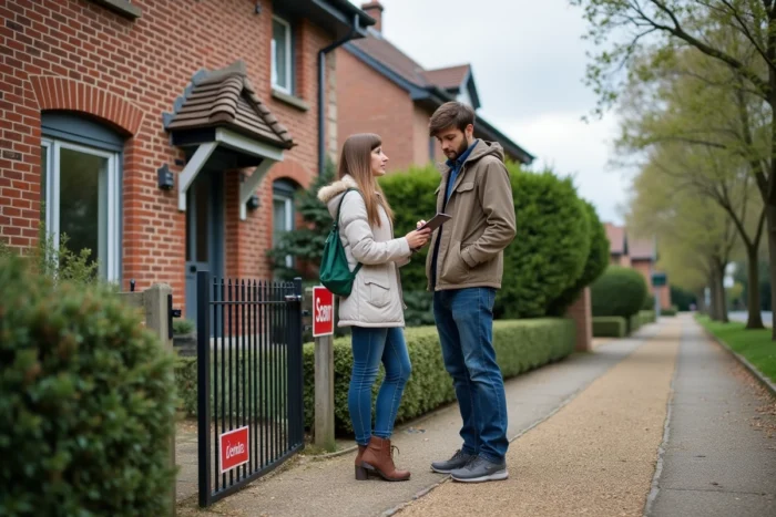 Couple visitant une maison à vendre dans un quartier résidentiel et évaluant le bien