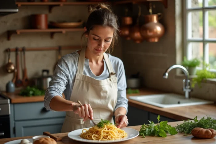 Femme cuisinière arrangeant des herbes fraîches sur un plat de pâtes maison dans une cuisine rustique française
