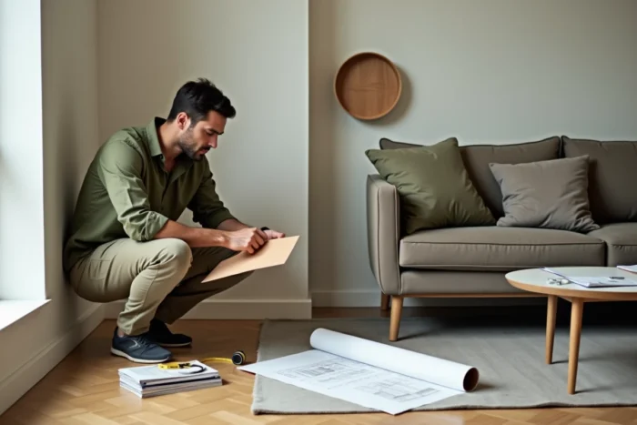 Décorateur d'intérieur consultant en appartement, comparant nuancier de couleurs et canapé mi-siècle lors d'une rénovation