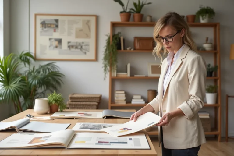 Décoratrice d'intérieur examinant des échantillons de tissus et planches d'ambiance dans un studio de design moderne