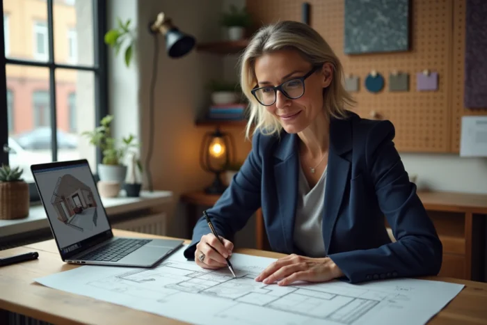 Décoratrice d'intérieur senior travaillant sur des croquis d'aménagement et un rendu 3D dans son bureau créatif à domicile