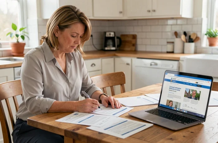 Femme consultant les documents administratifs du Consuel à la maison pour une demande de certificat de conformité électrique